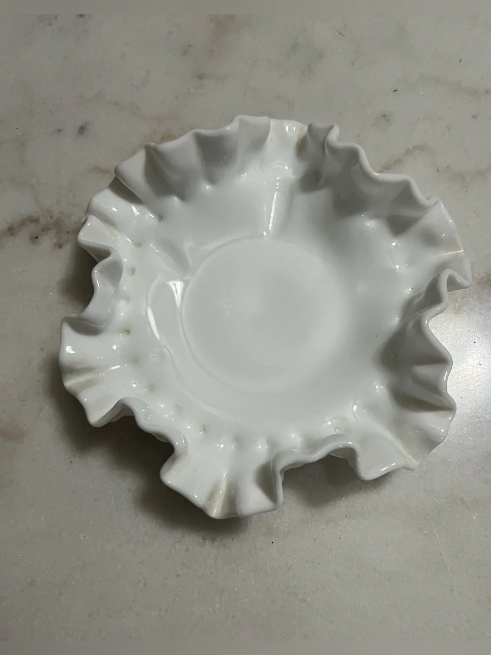 VINTAGE FENTON WHITE MILK GLASS HOBNAIL RUFFLED BOWL 6” TRINKET CANDY DISH